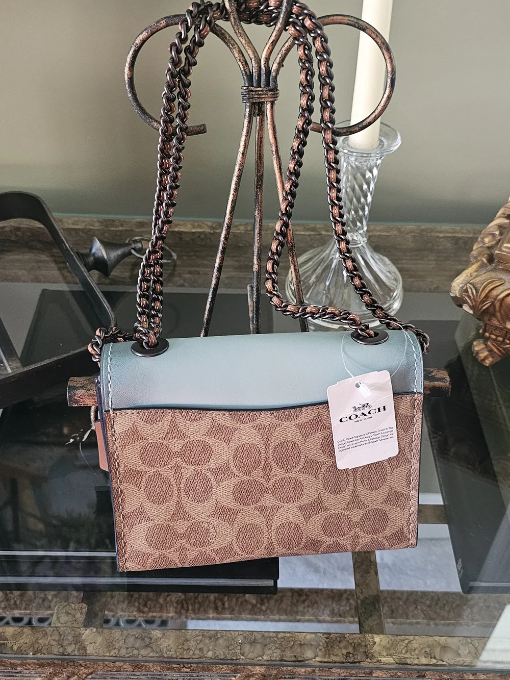 Coach Blue Leather Flap Signature Canvas Crossbody with Floral Turnlock